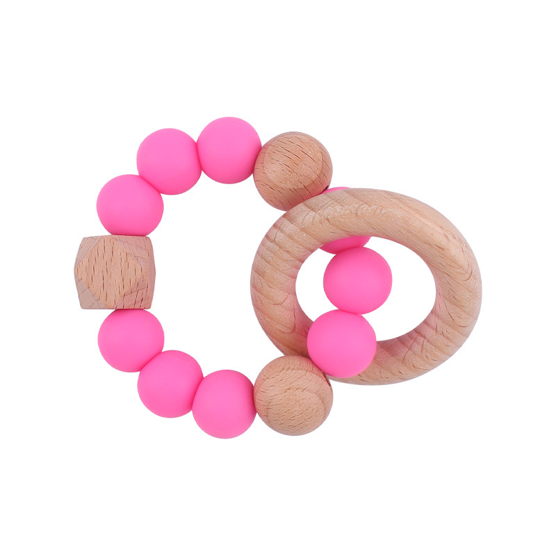 Nuevo bebé suministros de madera de haya anillo mordedor calmante bebé cuentas de silicona mordida molar pulsera mordedor juguete
