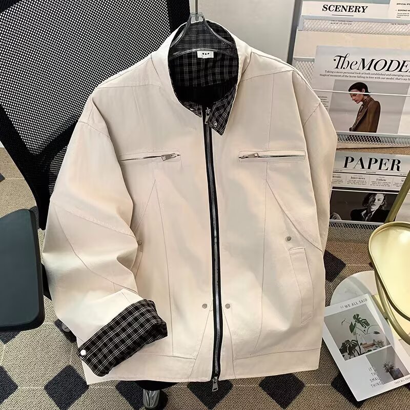 Grid Splicing Jacket, Trendy Loose Baseball Jacket, Lapel Workwear Jacket_voghion.com