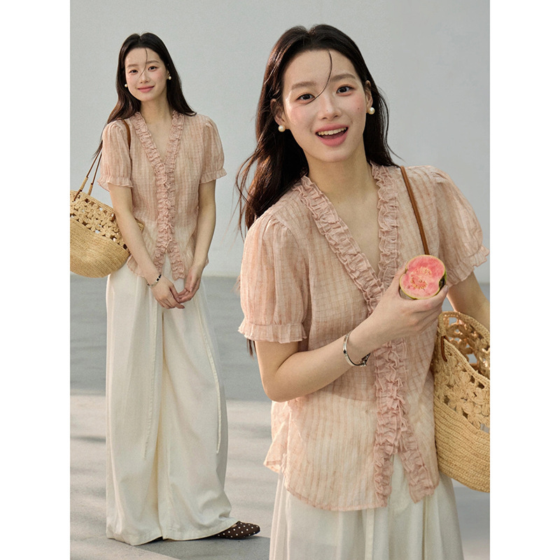 【Blueberry Soda】Goming Ruffled Plaid Shirt with Puff Sleeves Guangzhou Thirteen Lines Women's Top AN1108