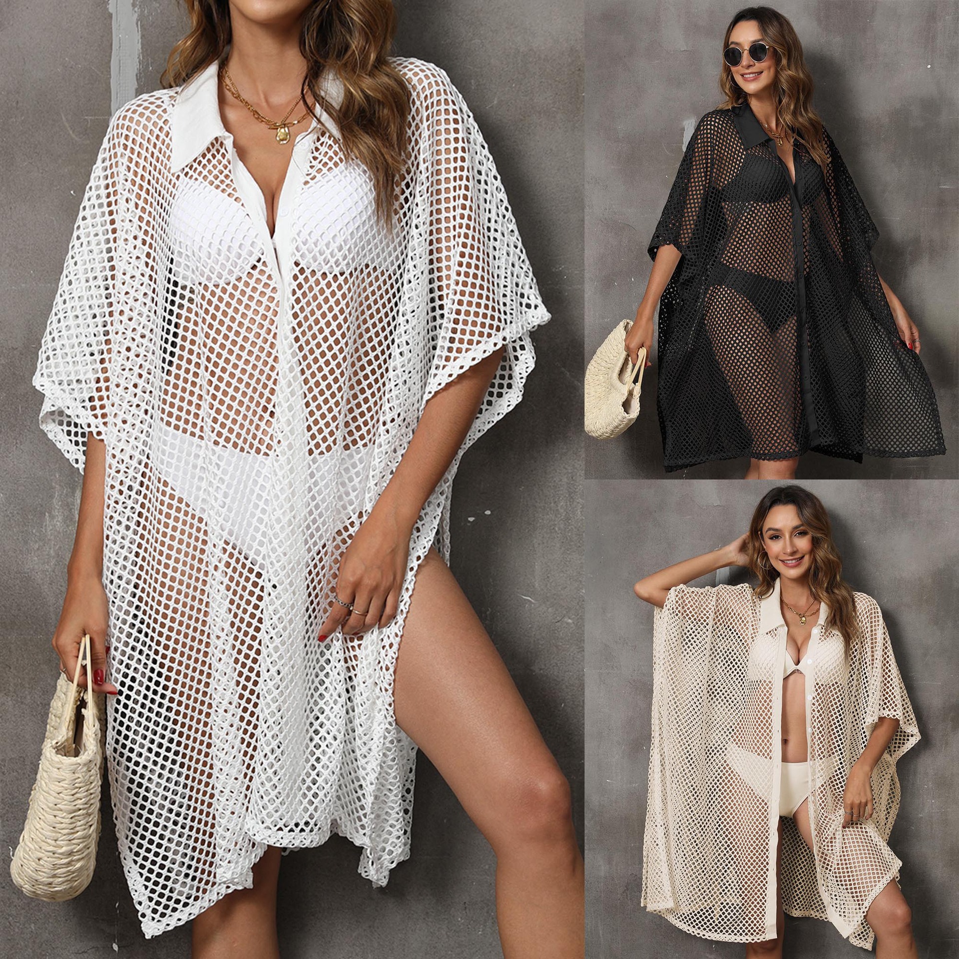 Ropa de playa blusa de vacaciones transfronteriza ropa de mujer europea y americana costura de malla camisa cuello vestido irregular abrigo suelto