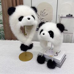 跨境新款 秋冬季 正版可爱熊猫帽 一体两件套 显脸小 卡通护耳 毛
