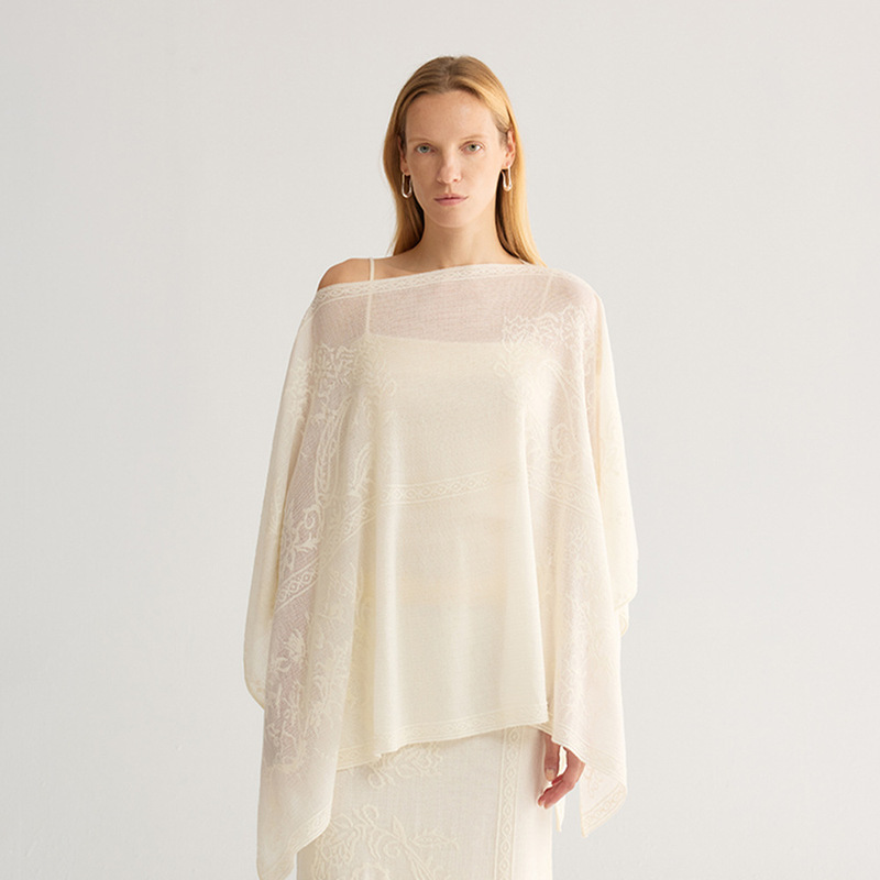 Retro Chinese-style embroidered acetate wool shawl for women, cape, 2026 autumn new women's clothing, one-shoulder knitted cover-up