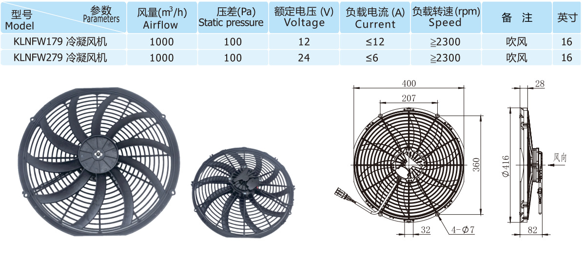 16inch Brushless Blower with 10 Curved Blades, Condenser Fan, Electronic Fan, Radiator Fan Klnfw279