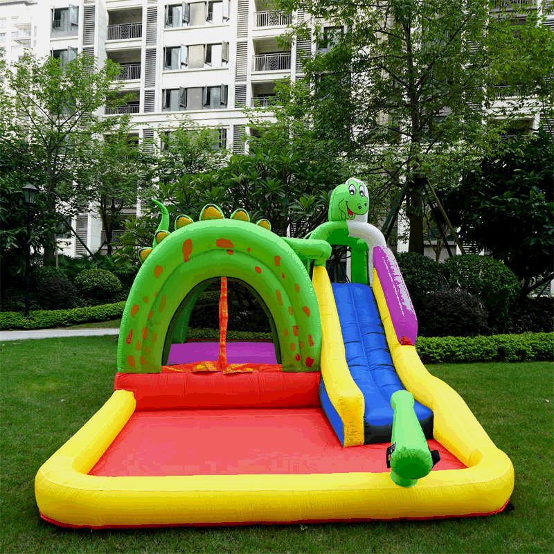 Feliz León castillo inflable travieso Castillo inflable verde dinosaurio tobogán de agua rebotando diversión pequeño tobogán de agua