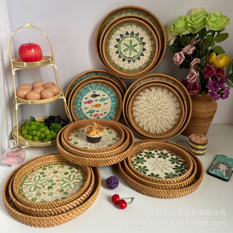 Vietnam Rattan Painted Shell Fruit Tray Decorative Ornaments Storage Tray Snacks Dried Fruit Tray Rattan Fruit Basket Tea Tray