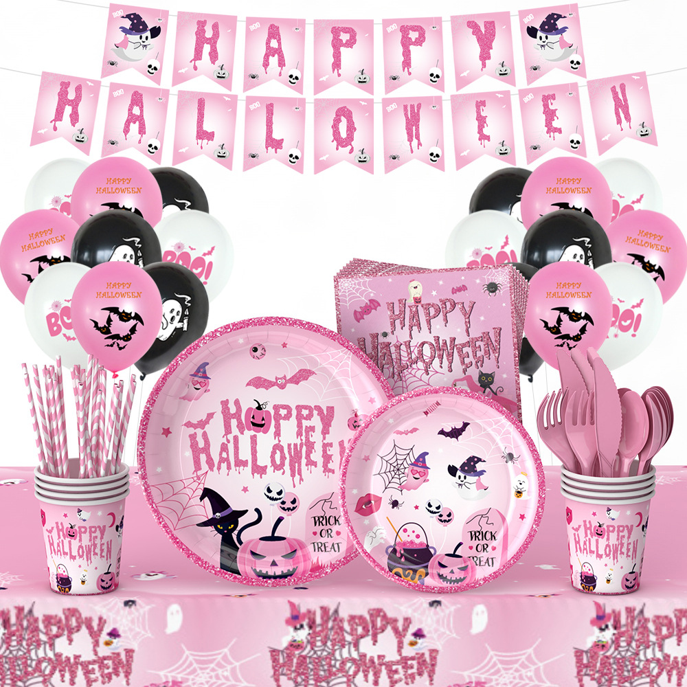 Hot sale rosa tema de Halloween bandeja de papel tazas de papel set de decoración de globos fiesta decoración de platos desechables
