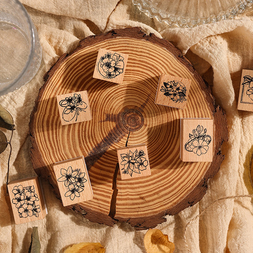 Yuezhen cross-border flower box honey language series handbook seal retro wooden plant flowers children's seal set 8 pieces