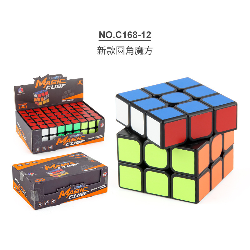 Niños rompecabezas de fondo negro brillante esquina redondeada de tercer grado rubik stickers de fondo negro de grado normal rotativo rubik cubo juguetes de exhibición caja