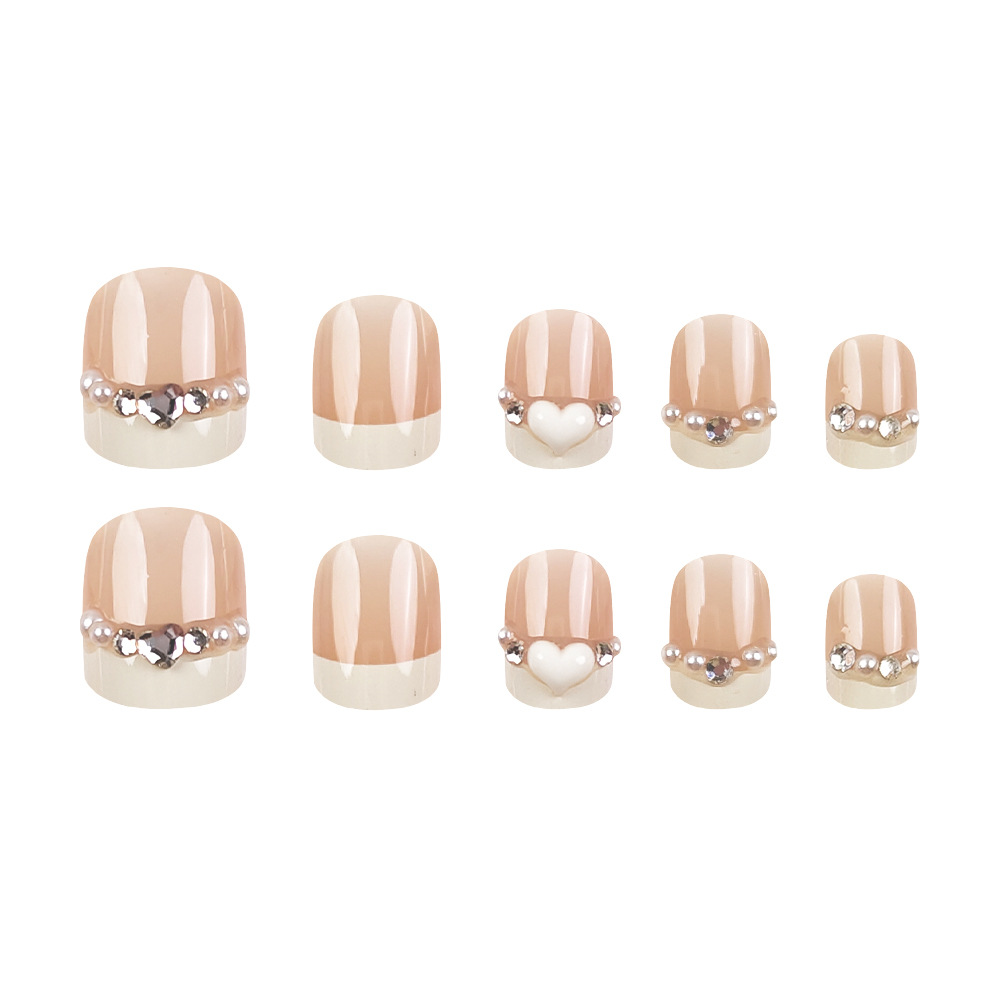 Polvo desnudo francés de perlas, bordes blancos para usar uñas amorosas, adornos de diamante de viento dulce, uñas falsas, 24 piezas de manicuras explosivas.
