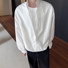 老钱风假两件衬衫男款夏轻薄设计感v领长袖t恤高级感痞帅立领外套