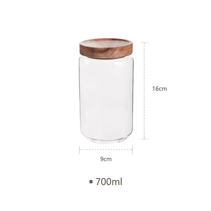 Frasco de almacenamiento de vidrio de borosilicato resistente al calor con tapa de madera de acacia, contenedor de almacenamiento para dulces y granos, frasco de vidrio sellado con tapa de rosca.