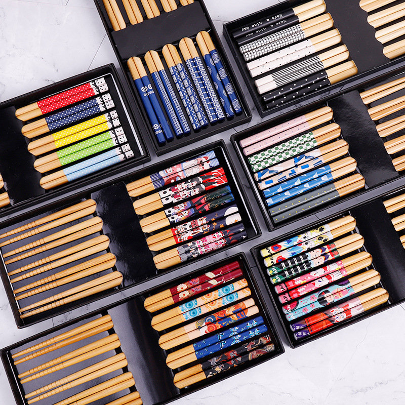 Amazon Cross-Border Gift Box Set of Japanese-Style Bamboo Chopsticks, 5 Pairs, Printed with Mount Fuji Tableware and Bring-In-The-Money Cat Design