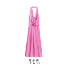 亚马逊跨境外贸欧美女装2024秋季新款花朵装饰丝缎质感迷笛连衣裙