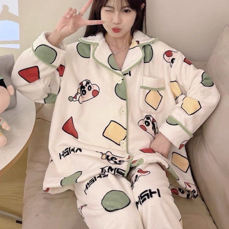 크레용 작은 새 산호 양털 가을과 겨울 잠옷 여성 기모 두꺼운 홈 의류 커플 2024 새로운 남성 세트