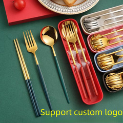 Stainless steel portable cutlery set including chopsticks, spoon, and fork, three-piece set for students, outdoor diningware gift with printed LOGO