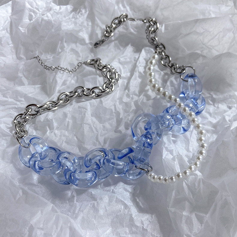Wholesale Fashion Translucent Blue Crystal Pearl Chain Double-layer Necklace Nihaojewelry display picture 5
