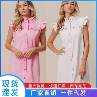 跨境外贸粉色洗水牛仔连衣裙女木耳边立领无袖单排扣直筒短裙批发