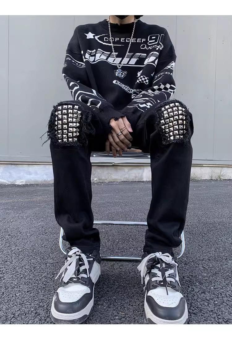 2025 Spring And Autumn Versatile Fashion Black Distressed Design Jeans Washed Wear-resistant Youth Long Pants Men's Cool_mkmklike.com