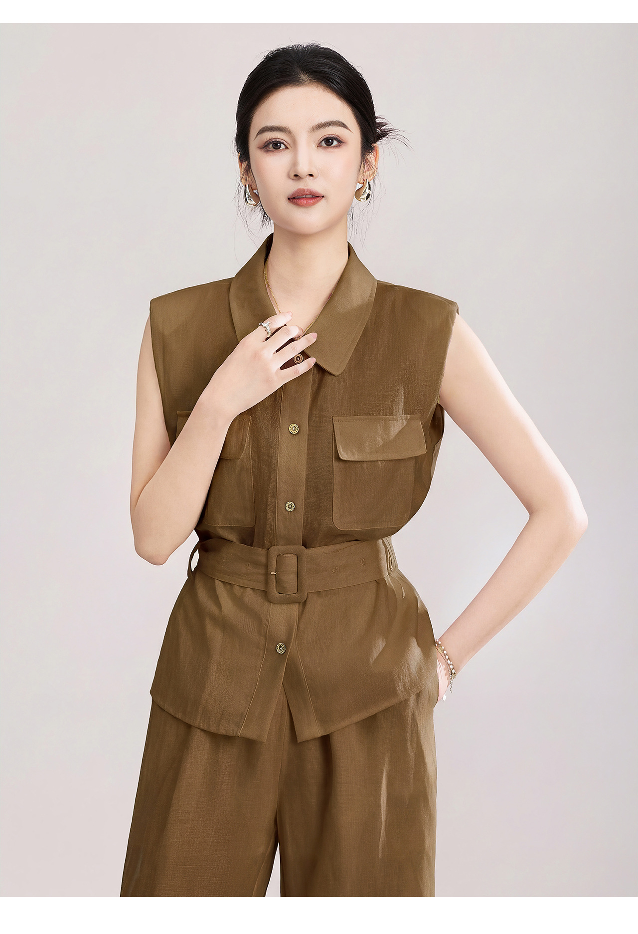 Bộ áo sơ mi không tay kết hợp quần ống rộng cạp cao nữ kiểu dáng Hạ Nam — Màu cà phê chi tiết 18