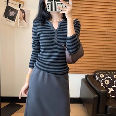 IM94气质出众半开襟修身显瘦条纹针织上衣长袖打底衫女秋冬