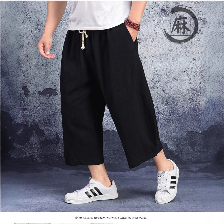 2021 New Summer Men's Large Size Cropped Pants Chinese Style Cotton and Linen Loose Harem Pants Linen Wide Leg 7-Point Pants