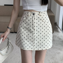 波点白色牛仔半身裙女夏季新款高腰显瘦包臀裙防走光气质a字短裙