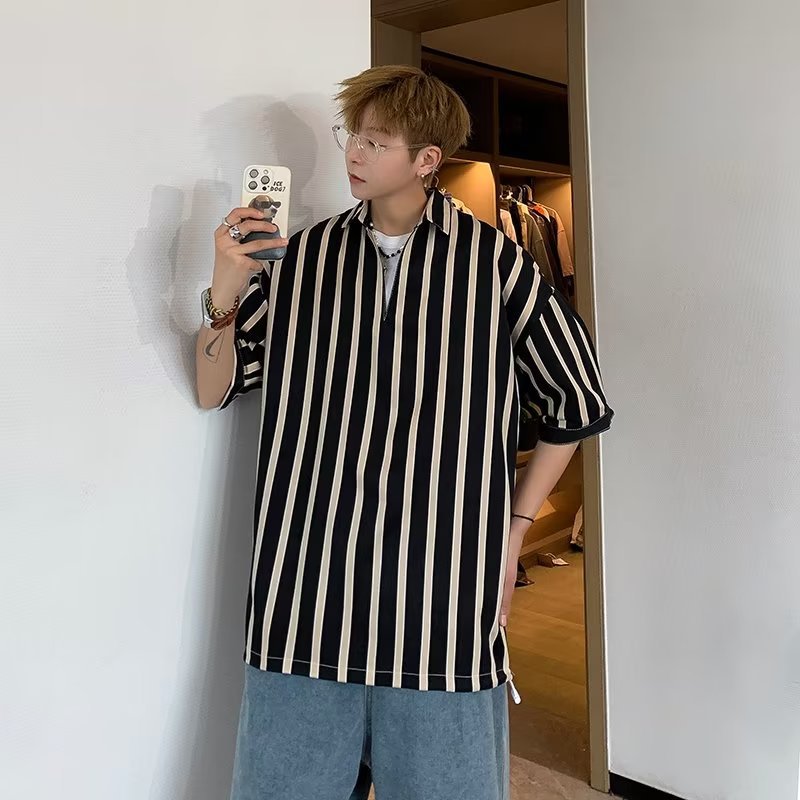 Camisa coreana de media manga para hombre de primavera y verano, camisa casual de manga corta hermosa de moda para hombre, chaqueta a rayas, manga tres cuartos