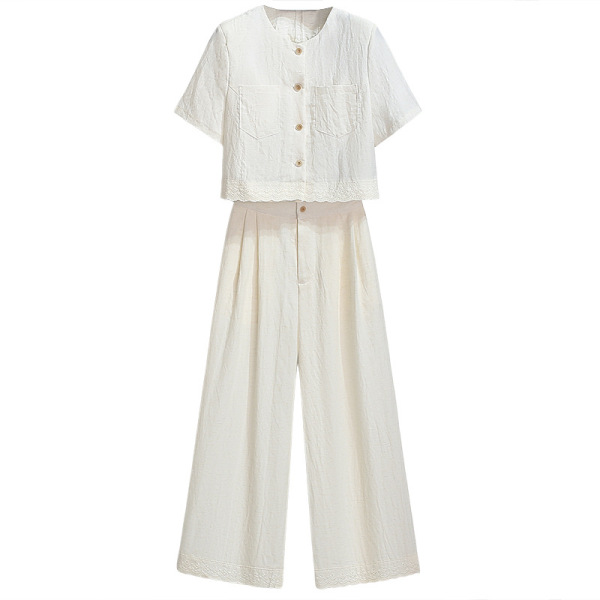 Lyocell Tencel linen short-sleeved shirt wide-leg pants for women…