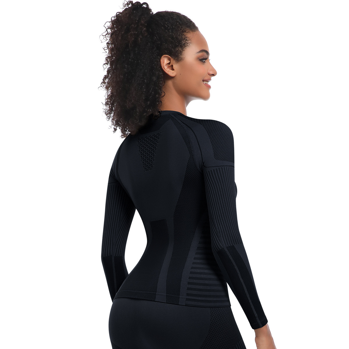 Neu Nahtlose Stricken Engen Hohe Elastische Ski Anzug Langarm Sport Laufen Fitness Yoga Top_voghion.com