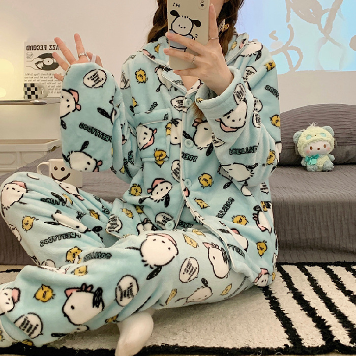 Rayas yugui perro pijamas de franela las mujeres japonés otoño y el invierno cardigan manga larga con máscara ojos dibujos animados homewear caliente conjunto