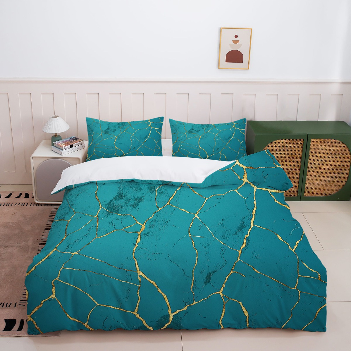 TEMU / JIT polvo oro mármol textura suave molienda impresión digital kit de colcha se puede ajustar