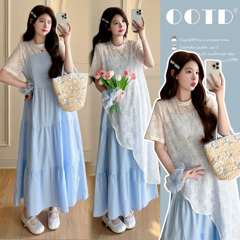 Young and Beautiful Maternity Dress, Korean-Style Gentle Maternity Outfit, Two-Piece Set, Lace Blouse + Blue and White Plaid Skirt, Summer Suit