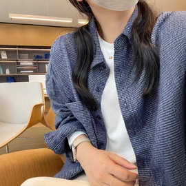 自家工厂现货 韩系高级感蓝色格子衬衫棉麻磨毛女春季新款宽松新