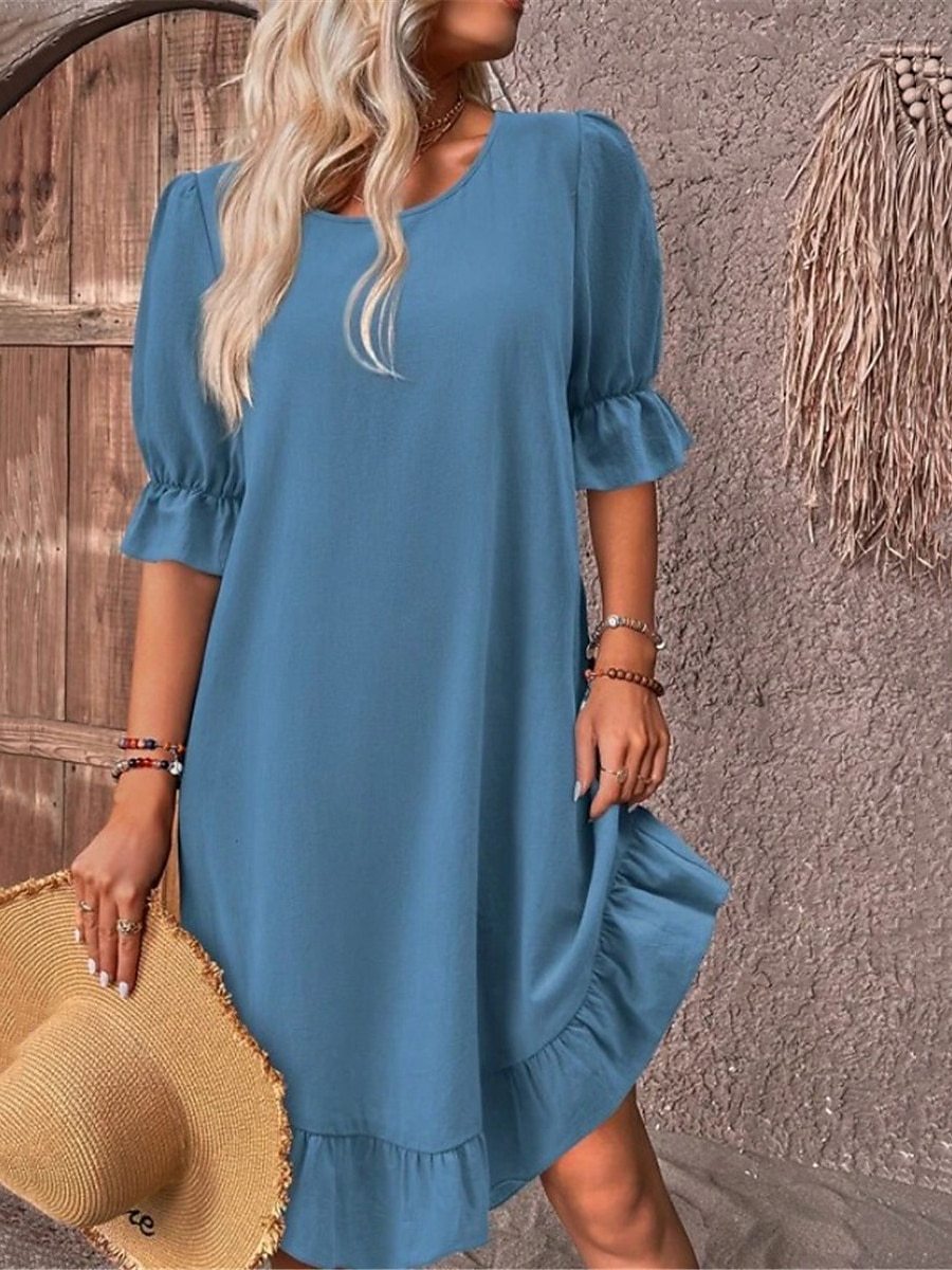 Half Sleeve Sleeve Length Wholesale Women's Simple Style Ruffles Solid Color Daily Round Neck Half Sleeve Regular Dress