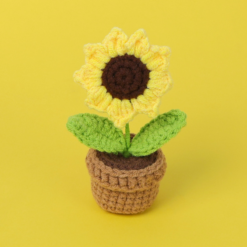完成品クロスボーダー手作りウールかぎ針編み忘れなしひまわり模擬花鉢植えクリエイティブデスクトップ装飾品車の装飾造花|undefined