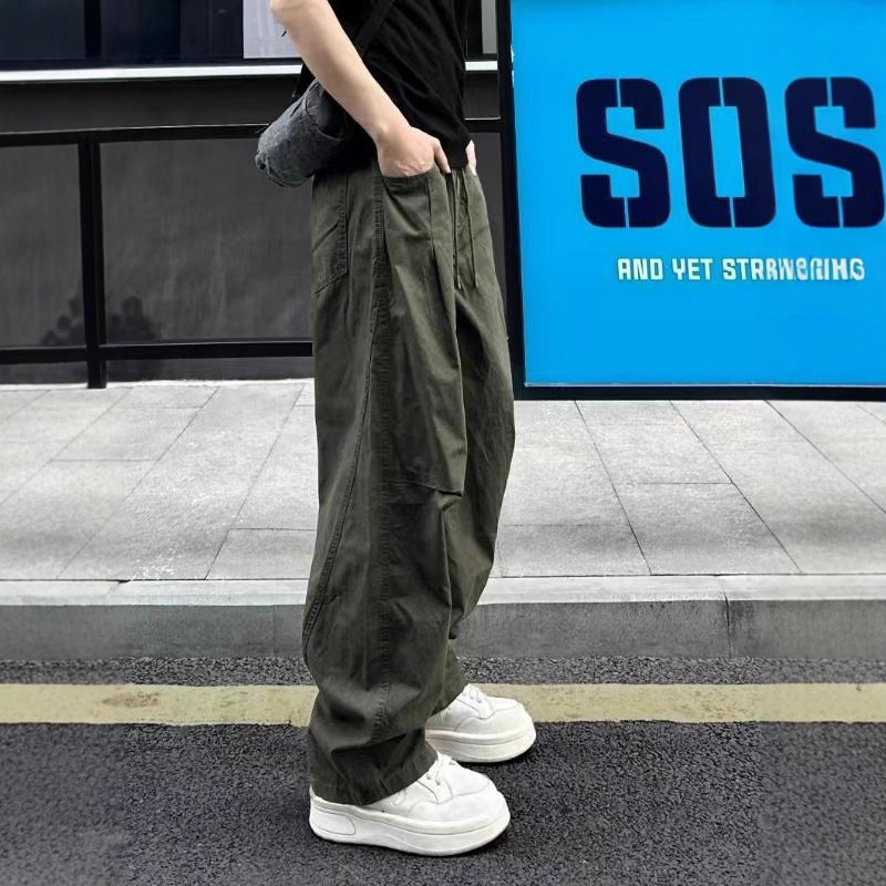 Autumn American Retro Splicing Young Diagonal Elastic High-Quality Men's Loose Straight Wide-Leg Paratrooper Overalls