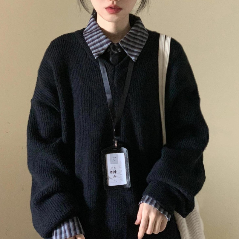 黑色宽松假两件毛衣女2025秋冬新款慵懒感百搭韩系V领针织衫上衣|undefined