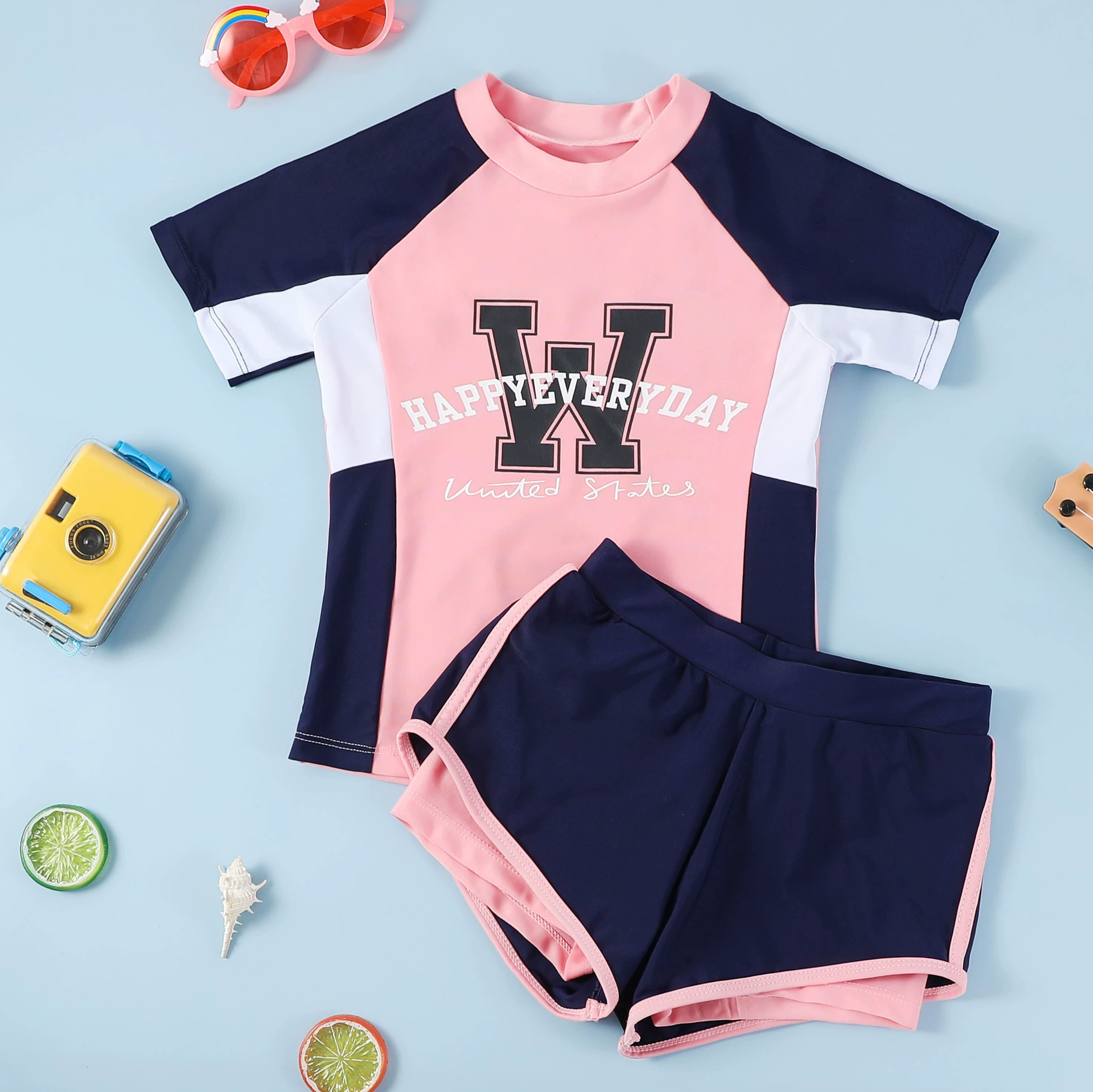 Детский сплит-купальник комплект для девочек шорты с короткими рукавами
