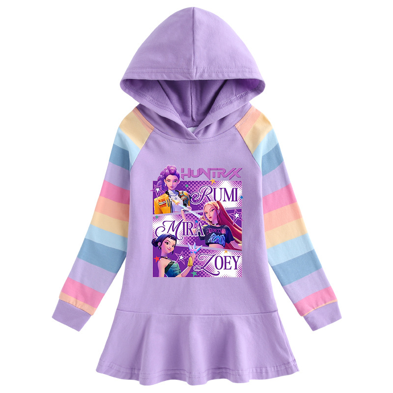 Spring Autumn Kpop Hunter Magic Girl Group Ruffle Cartoon Rainbow Girls Dress Long Sleeve Hooded Pleated Princess Dress
