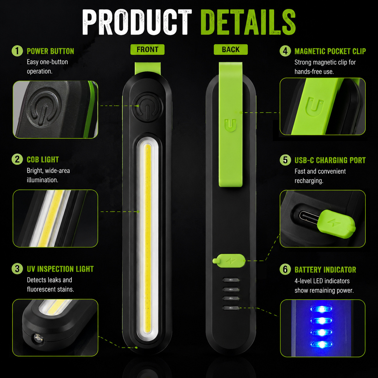 26 new models of UV pen lights for auto repair, COB strong light rechargeable ultra-bright portable LED work lights pen lights