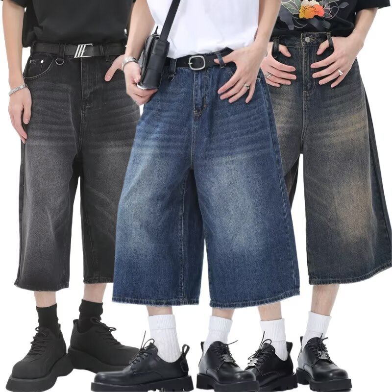 Cross-Border High-Quality 2025 Summer Men's Cropped Pants Trendy Denim Shorts American Street Style Loose Wide-Leg Slimming Cross-Border High-Quality 2025 Summer Men's Cropped Pants Trendy Denim Shorts American Street Style Loose Wide-Leg Slimming
