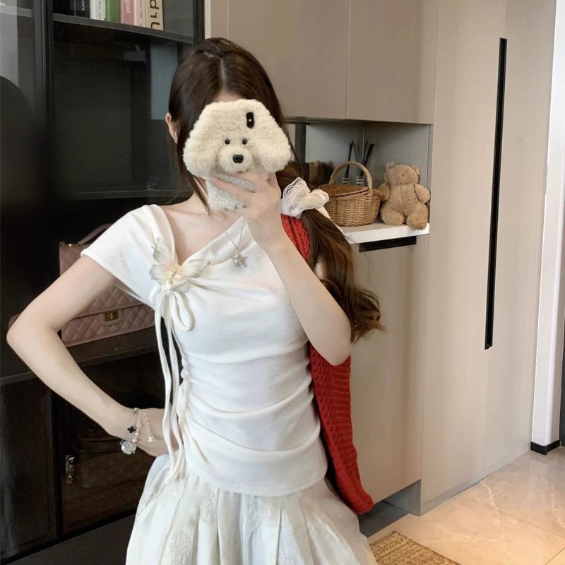 大码胖mm蝴蝶系带纯欲辣妹短袖t恤女夏季新款设计感修身显瘦上衣|undefined