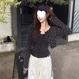 甜美韩系碎花短款修身显瘦长袖针织开衫外套春秋季背心吊带两件套