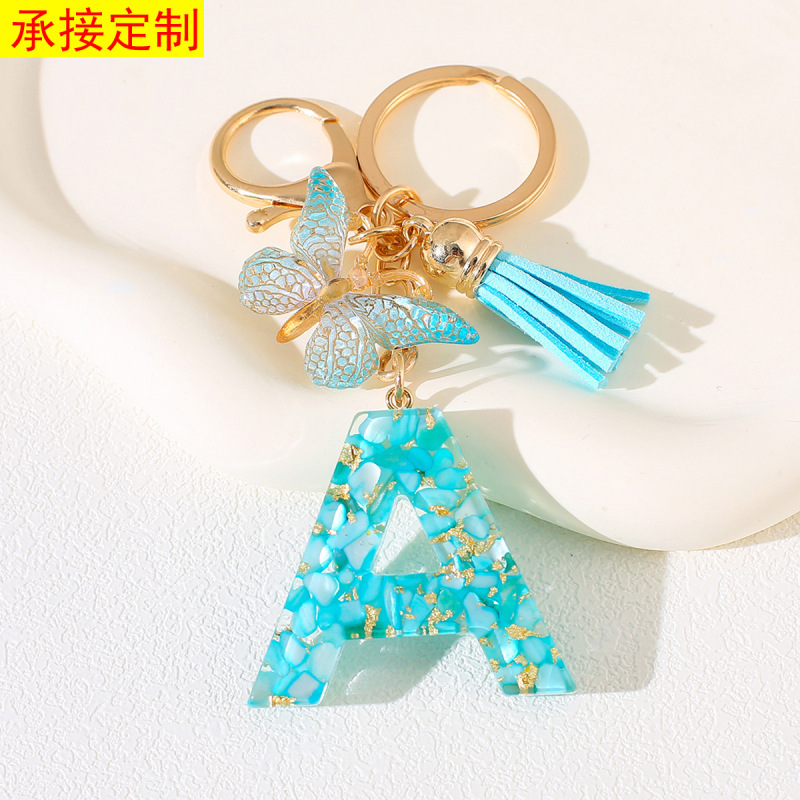 English Letter Keychain Amazon Hot Selling Ladies Bag Keychain Pendant Blue Tassel Butterfly Decoration