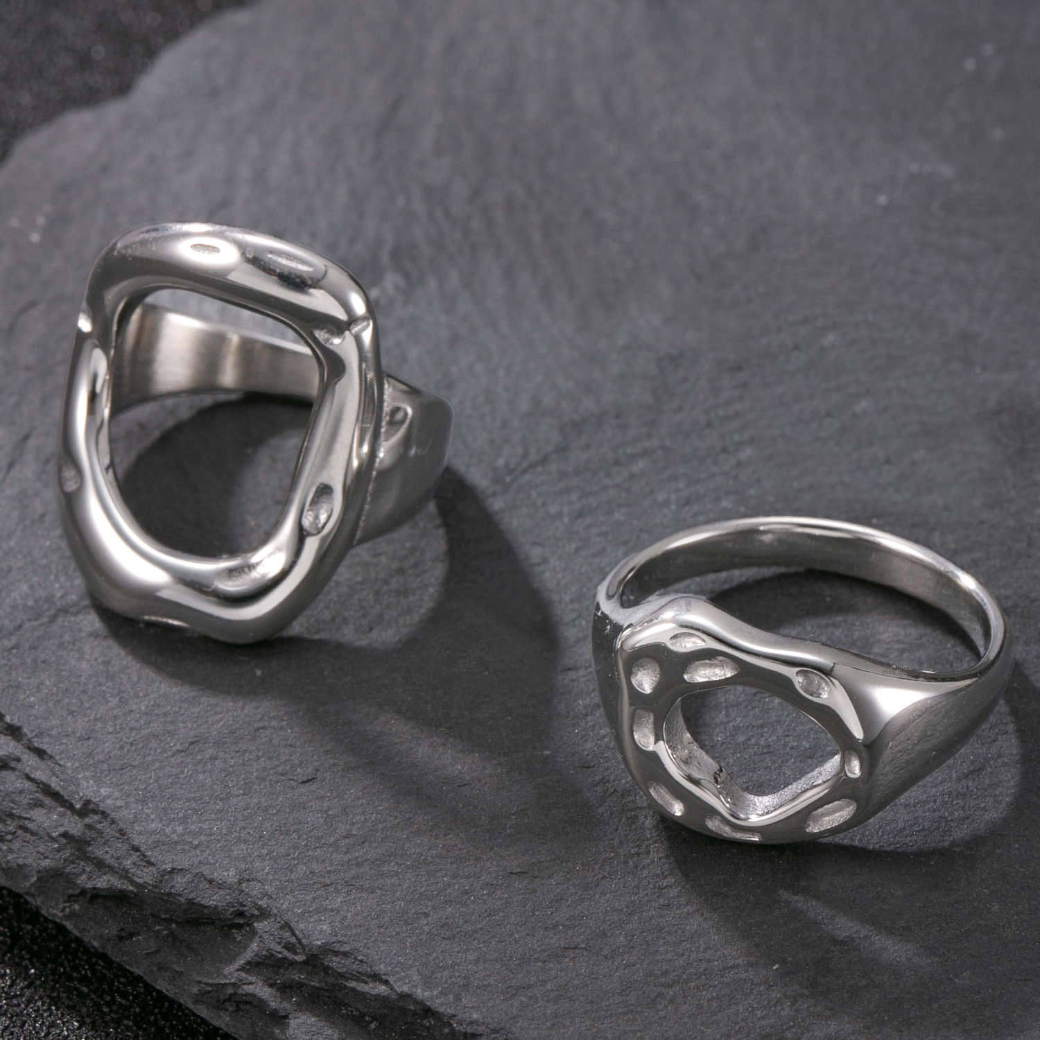Venta caliente transfronteriza anillo de pareja de acero inoxidable anillo irregular hueco anillo de dedo de comida diseño personalizado sentido de joyería de acero de titanio