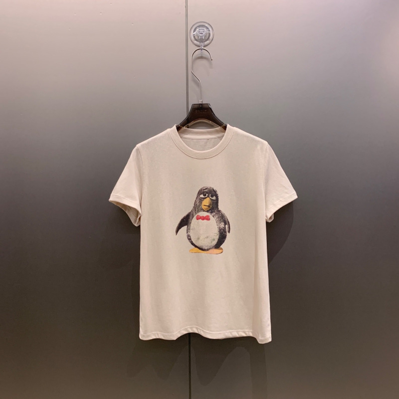 Early Spring Short-Sleeved T-Shirt for Women, Cute Cartoon Little Penguin Print Pattern, Casual Half-Sleeved Top, Round Neck, Loose and Versatile