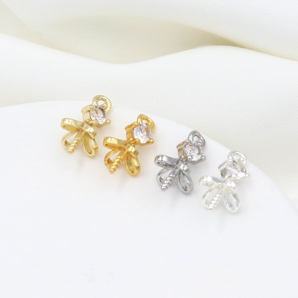 18k真金裙子羊眼吊墜扣DIY圓珠微鑲鋯石空托盤珠托珍珠粘珠吊墜托