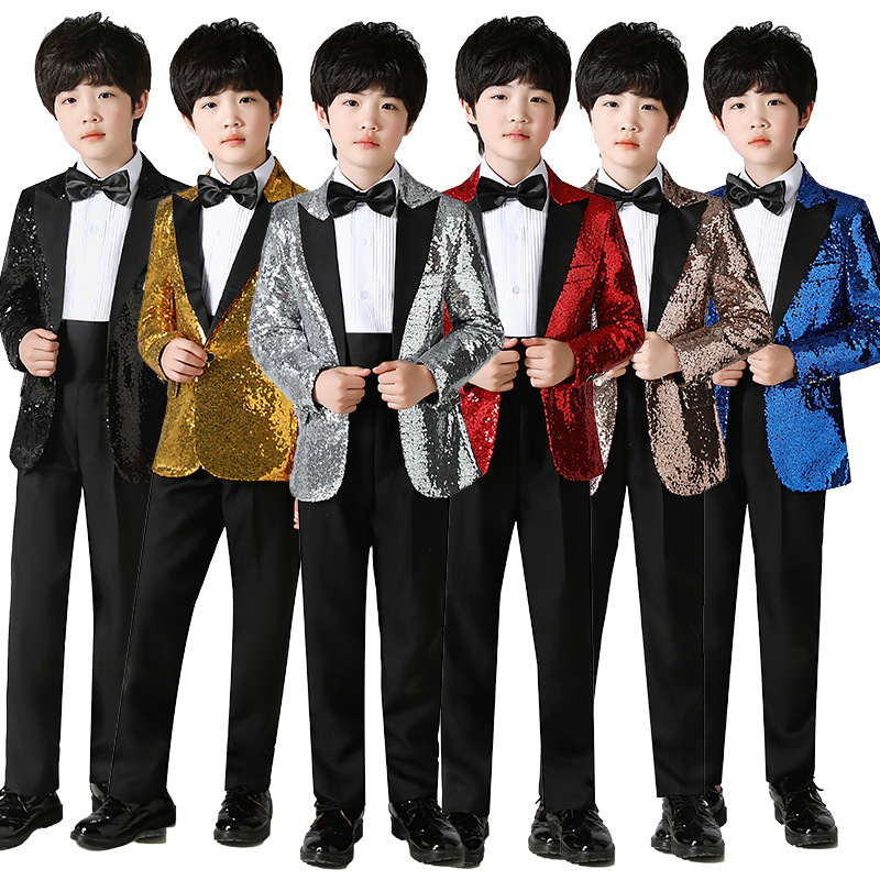 Children royal blue gold silver red sequined color host singers jazz dance blazer stage performance Dress suits set piano performance model show art test host outfits for boy