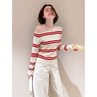 红白条纹斜肩露肩长袖T恤女2026新款早秋漂亮穿搭绝美单穿小上衣