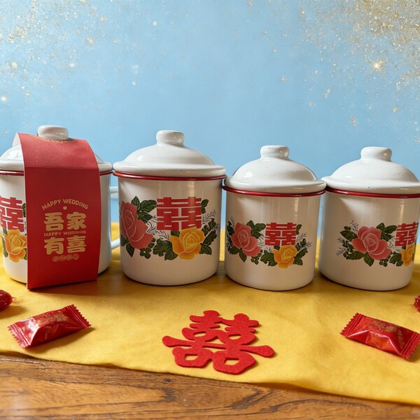 New nostalgic floral double happiness enamel cup old-fashioned iron…